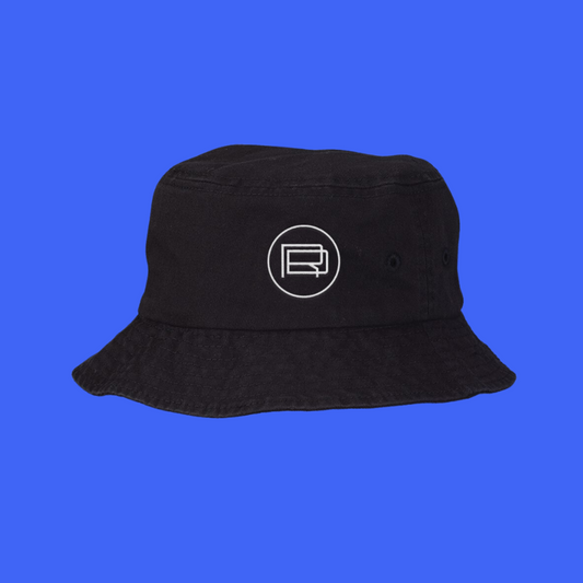 A black bucket hat with a logo embroidered on the front, displayed against a blue background.