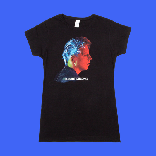Black ladies tee with a colorful silhouette of a person on the front, identified as Robert Delong, on a blue background.