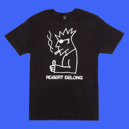 Black T-shirt with a white graphic of a character named Robert Delong smoking a cigarette and giving a thumbs up.