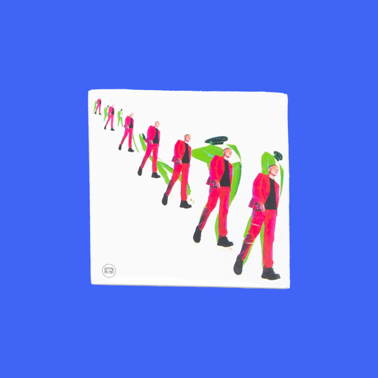 CD cover art featuring an illustration of multiple figures in red and green outfits against a white background.