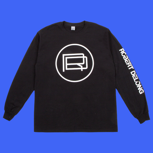 A black long sleeve tee with a white logo on the front and the text 'ROBERT DELONG' printed on the left sleeve.