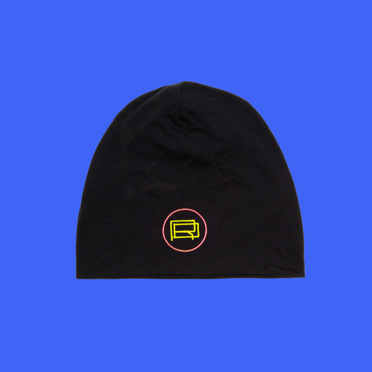 A black beanie with an embroidered logo on the front against a blue background.